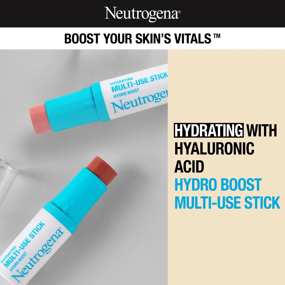 Hydrating Multi-Use Stick with hyaluronic acid; two shades shown, labeled Hydro Boost.