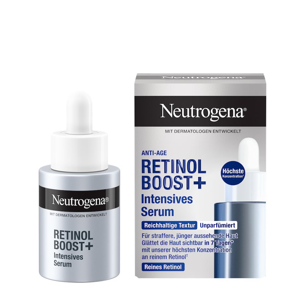 Vorderansicht Neutrogena® Retinol Boost+ Intensives Serum Produkt neben der Verpackung