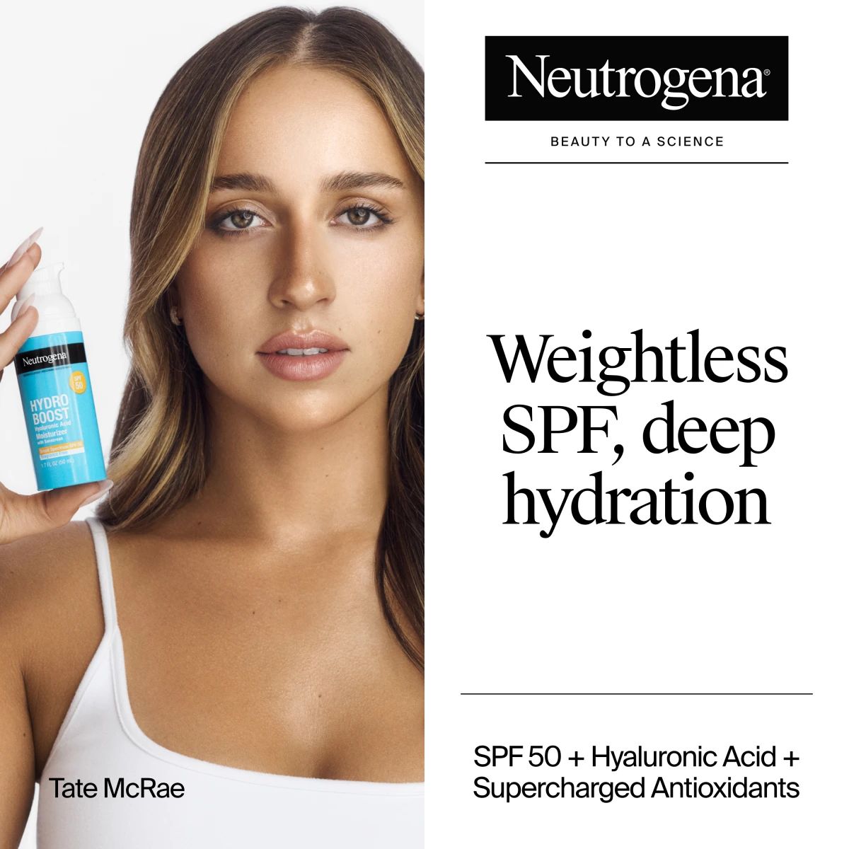 Tate McRae holding a bottle of Hydro Boost Hyaluronic Acid Moisturizer. Weightless SPF, deep hydration