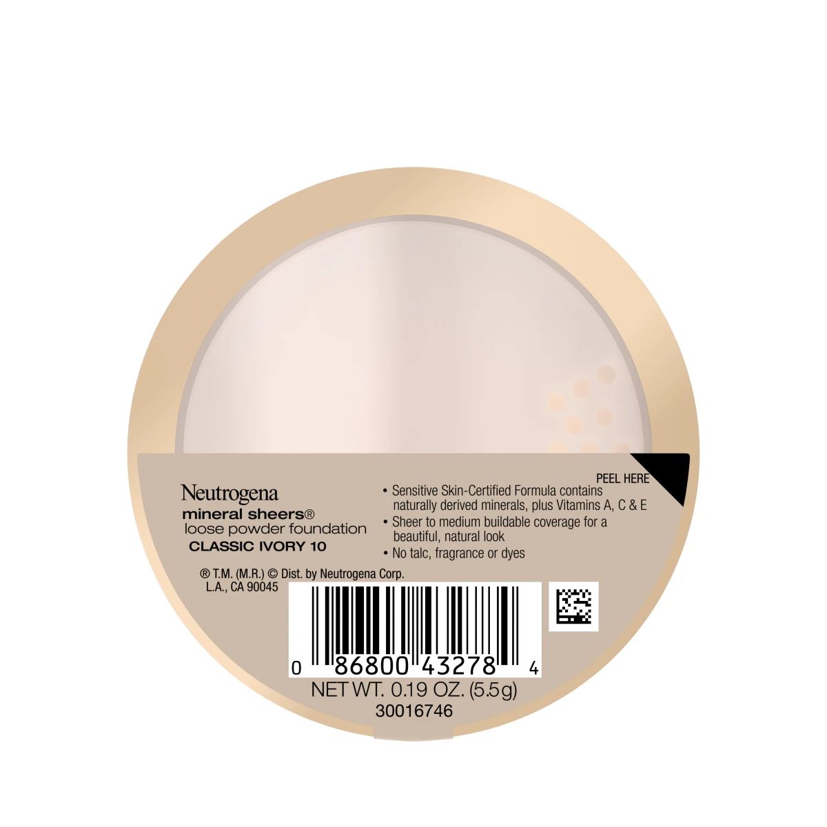 Neutrogena® Mineral Sheers Loose Powder Foundation, Classical Ivory 10, 0.19 Oz Back of pack