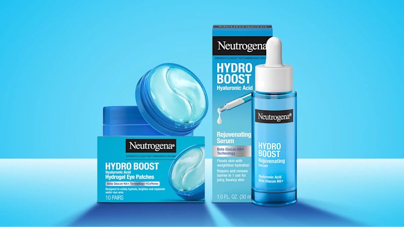 Neutrogena® Hydro Boost Hydrogel Eye Patches and Hydro Boost Rejuvenating serum in and outside of their packaging boxes