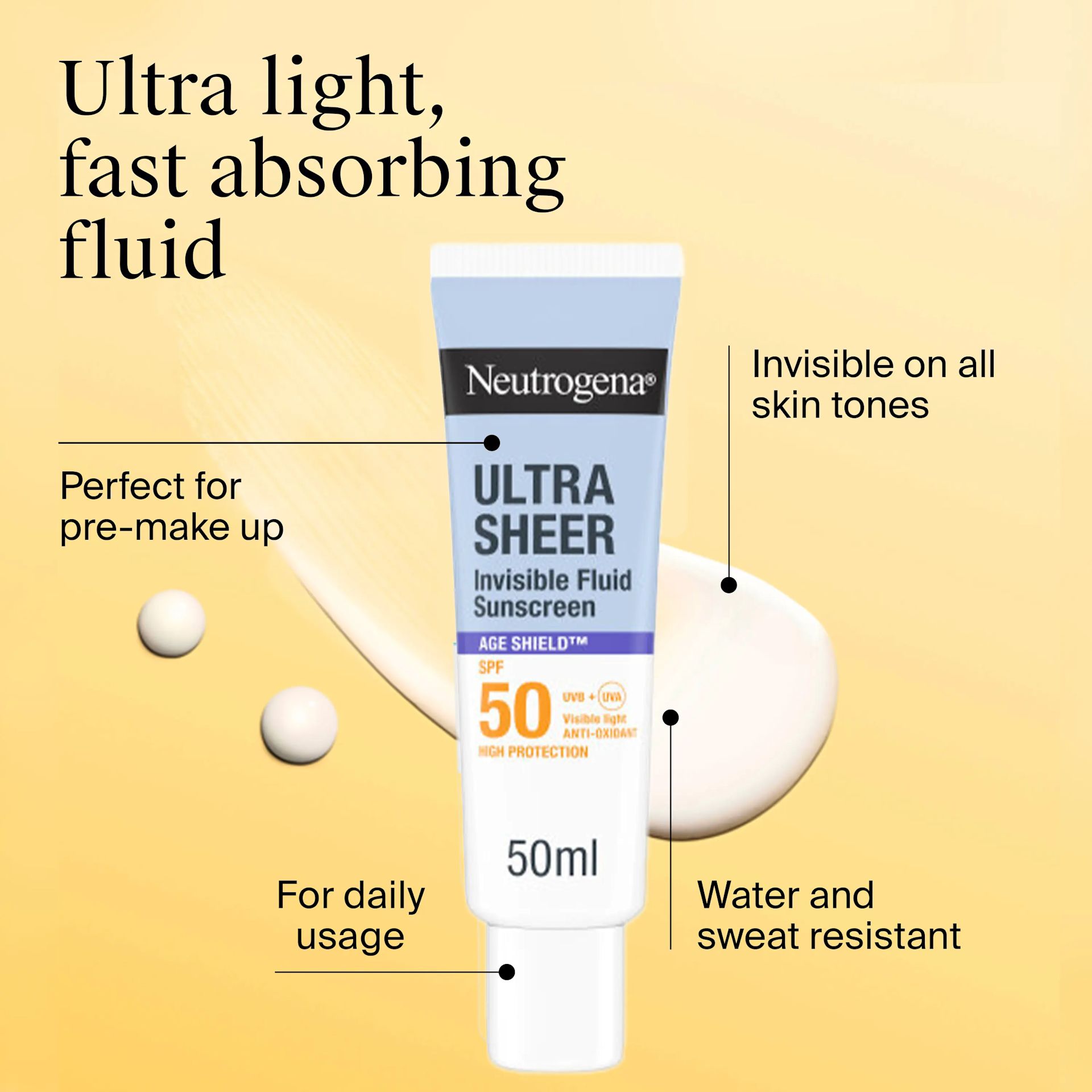 Neutrogena® Ultra Sheer Invisible Fluid Age Shield® Sunscreen SPF50 Αντηλιακό Προσώπου SPF50