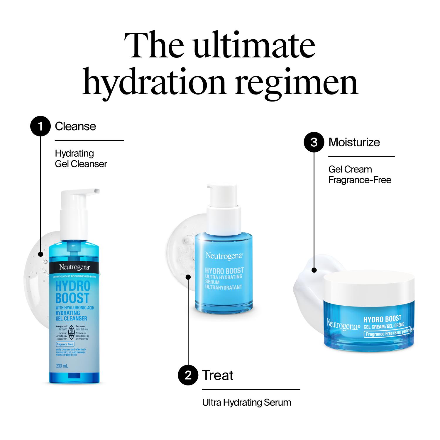 Trois produits Neutrogena Hydro Boost recommandés pour nettoyer, traiter et hydrater la peau dans le cadre d’un programme d’hydratation complet.