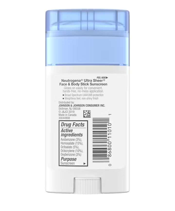 Neutrogena Ultra Sheer® Face + Body Stick Sunscreen Broad Spectrum SPF 70, back of the package