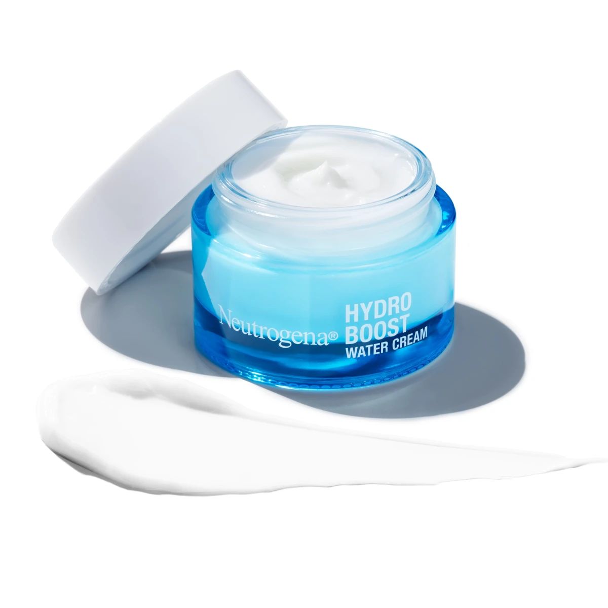 Neutrogena® Hydro Boost Hyaluronic Acid Water Cream open jar with smooth swatch of the product in the foreground