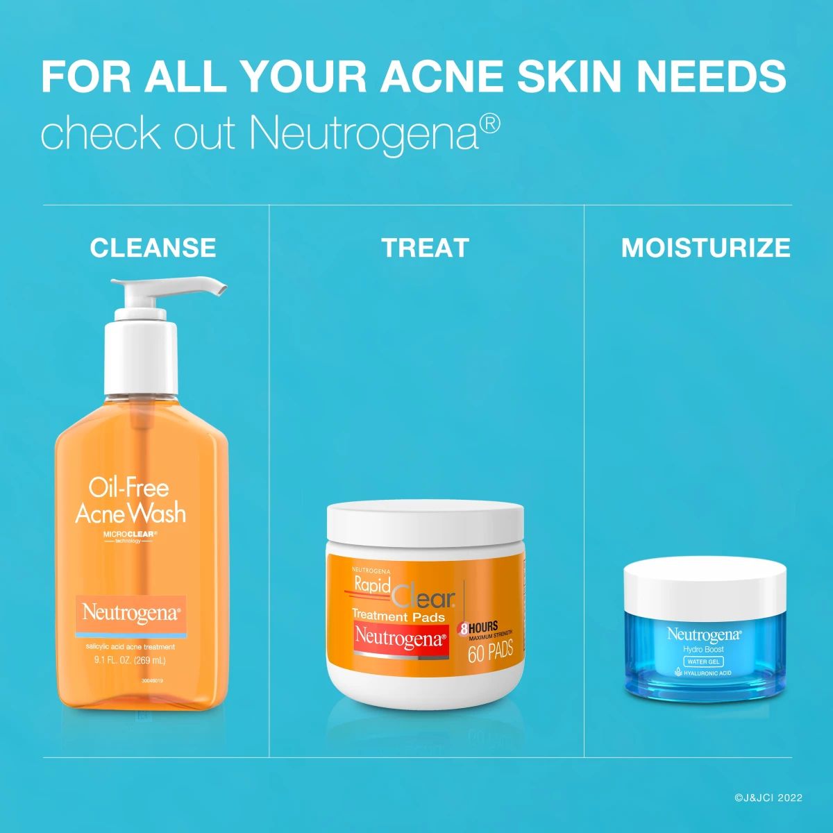 Neutrogena® acne skin needs: cleanse, treat with Rapid Clear pads, and moisturize