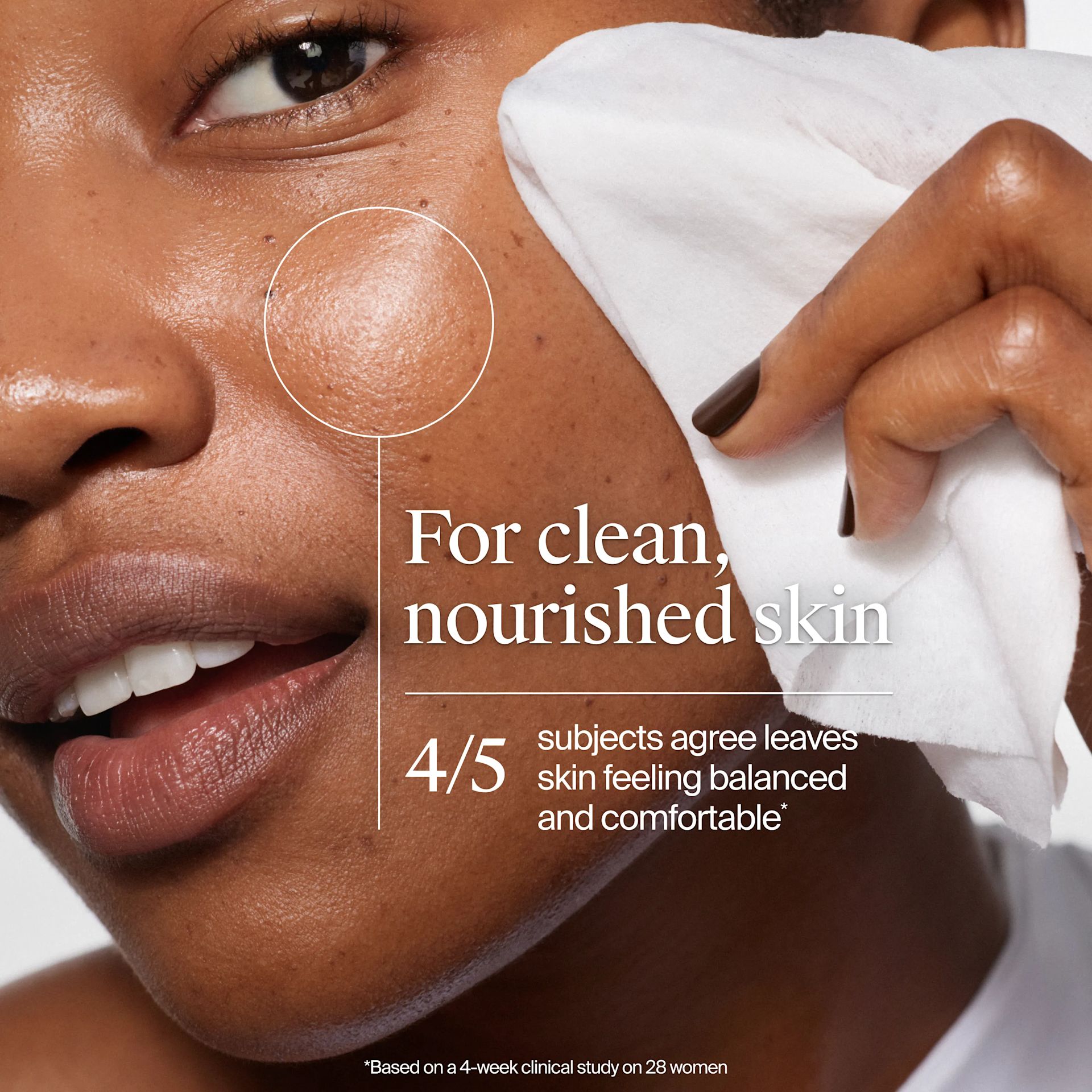 For clean, nourished skin. 4/5 subjects agree leaves skin feeling balanced and comfortable.