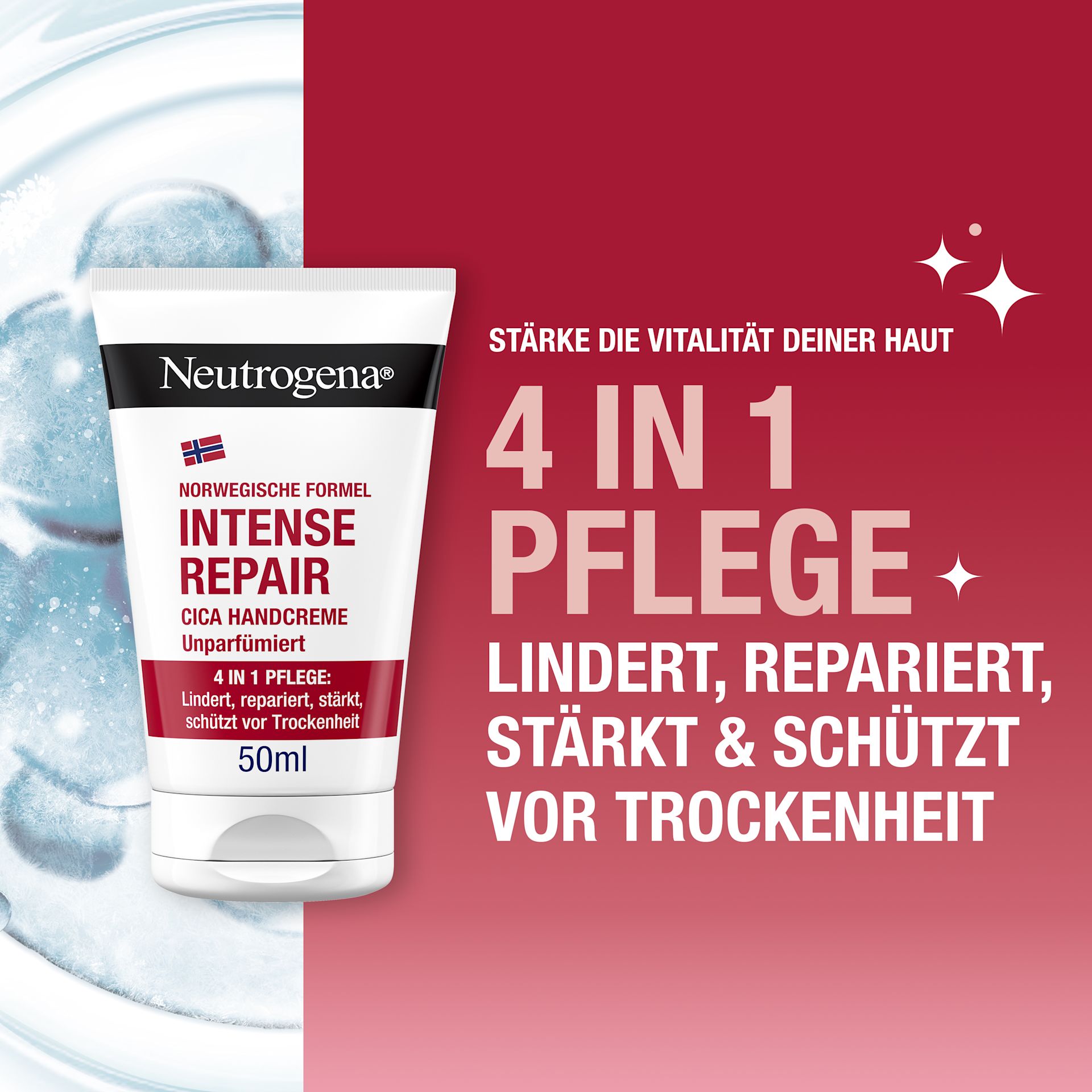  4 in 1 Pflege, Neutrogena® Norwegische Formel Intense Repair lindert, repariert, stärkt und schützt vor Trockenheit