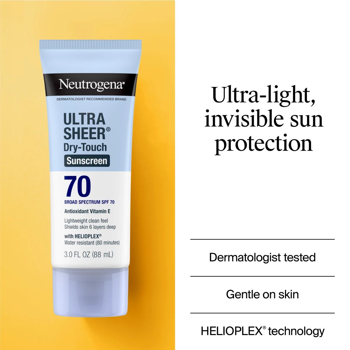 Ultra-light, invisible sun protection; dermatologist tested; gentle on skin; HELIOPLEX tech