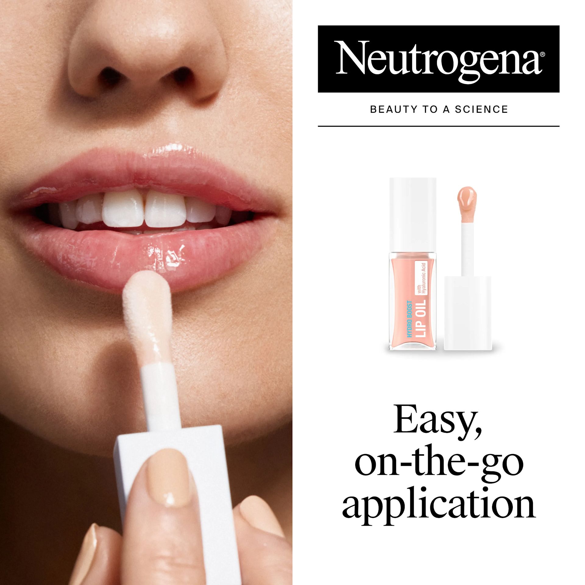 Woman applying Neutrogena® Hydro Boost Lip Oil Light Pink. Easy on-the-go application