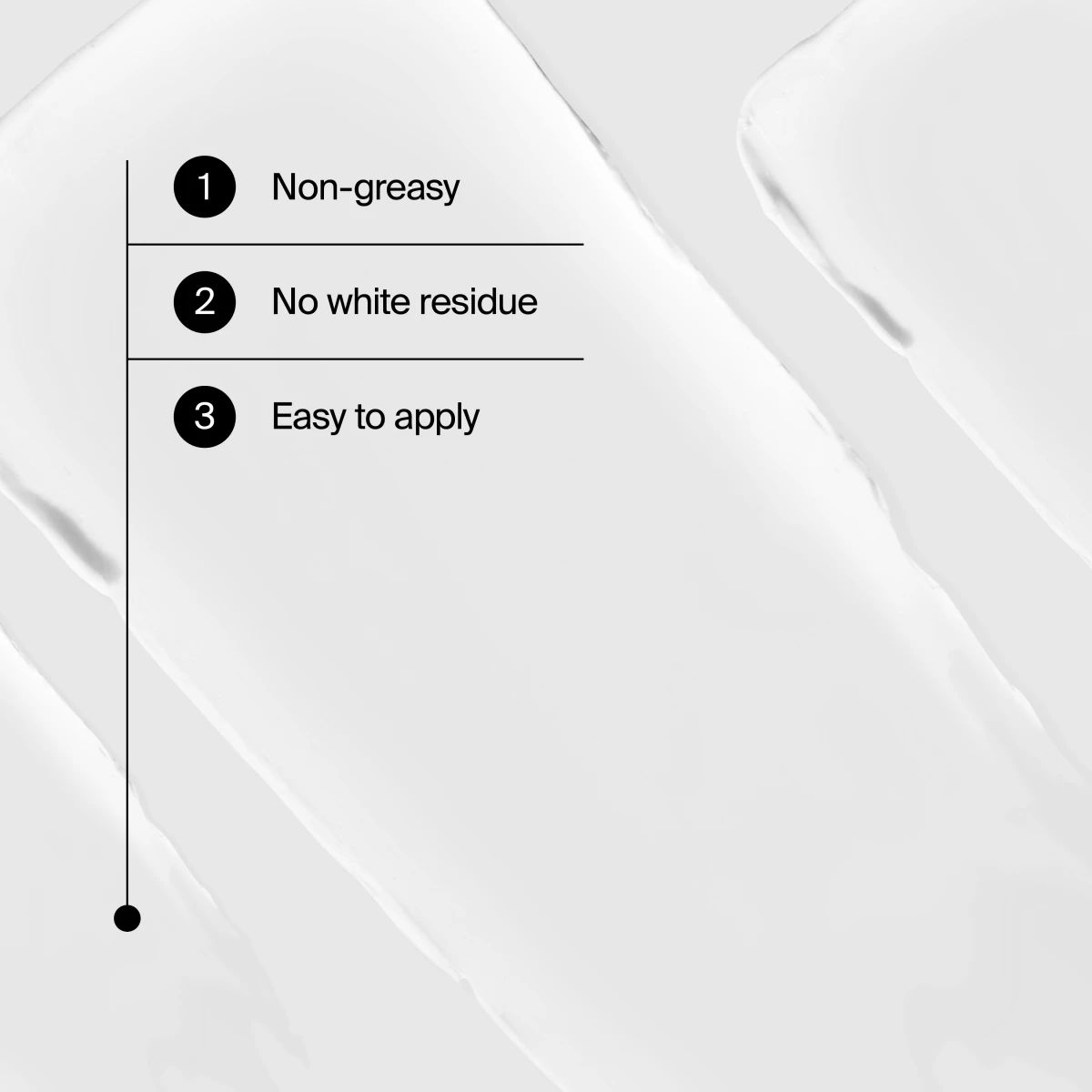Gradient panel listing benefits non-greasy, no white residue, easy to apply