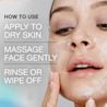 Image of a person applying cleanser with the "How to Use" instructions: Apply to dry skin, Massage face gently, and Rinse or wipe off.