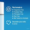 Text saying 'this formula is fragrance free, paraben fee, phthalate free, dye free and not tested on animals. Recyclable glass bottle'