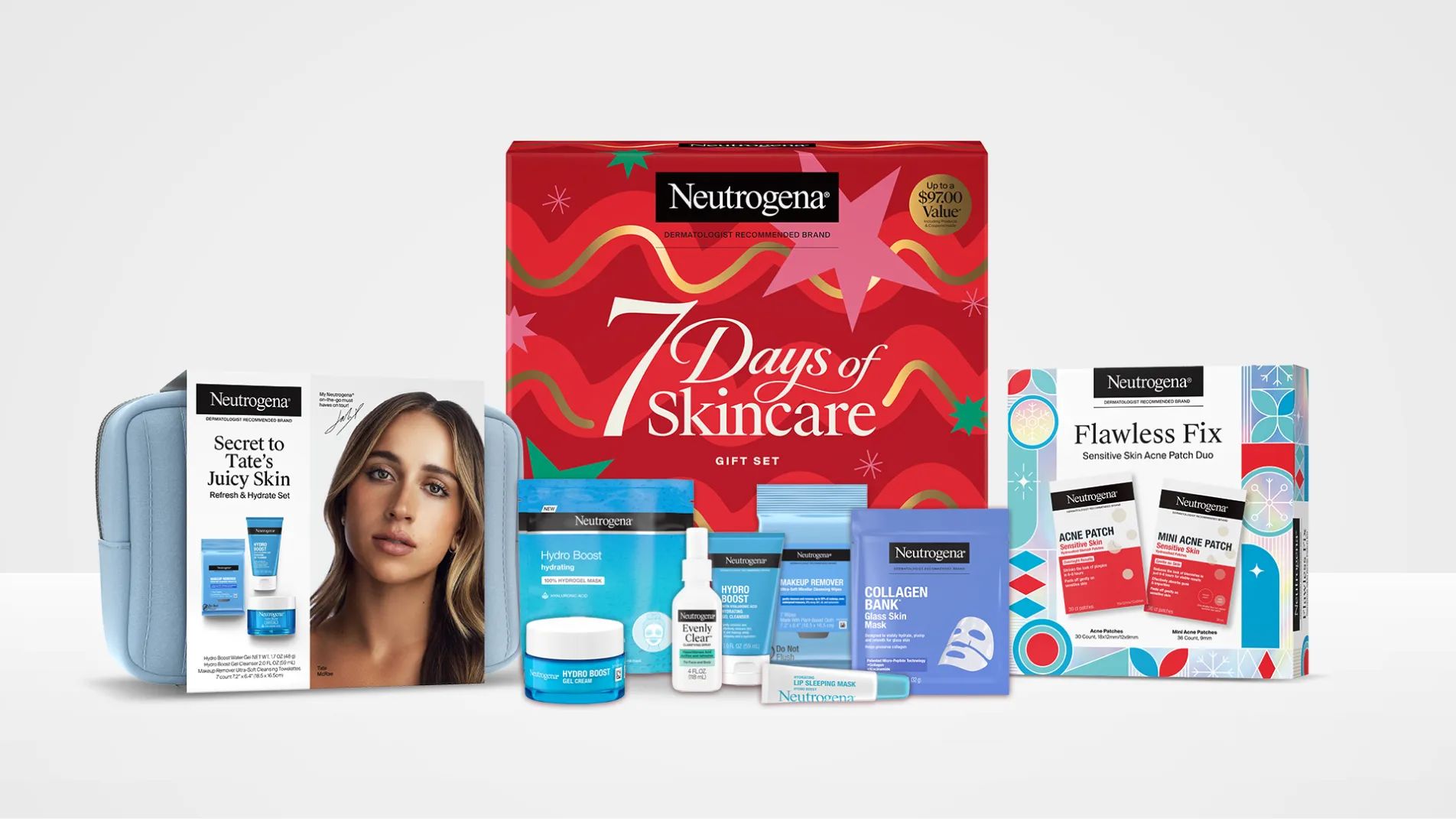 Assorted Neutrogena® Gift Sets and the products of the 7 Days of Skin Care Gift set outside of their box