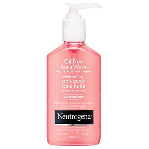 The front shot of NEUTROGENA® Oil-Free Acne Wash Pink Grapefruit Facial Cleanser, pump bottle, 177mL