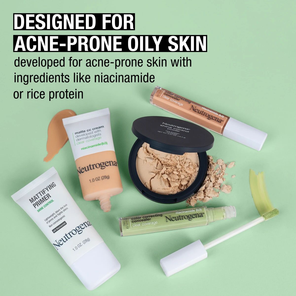 Neutrogena® acne-prone oily skin collection with niacinamide: primer, moisturizer, powder, concealer