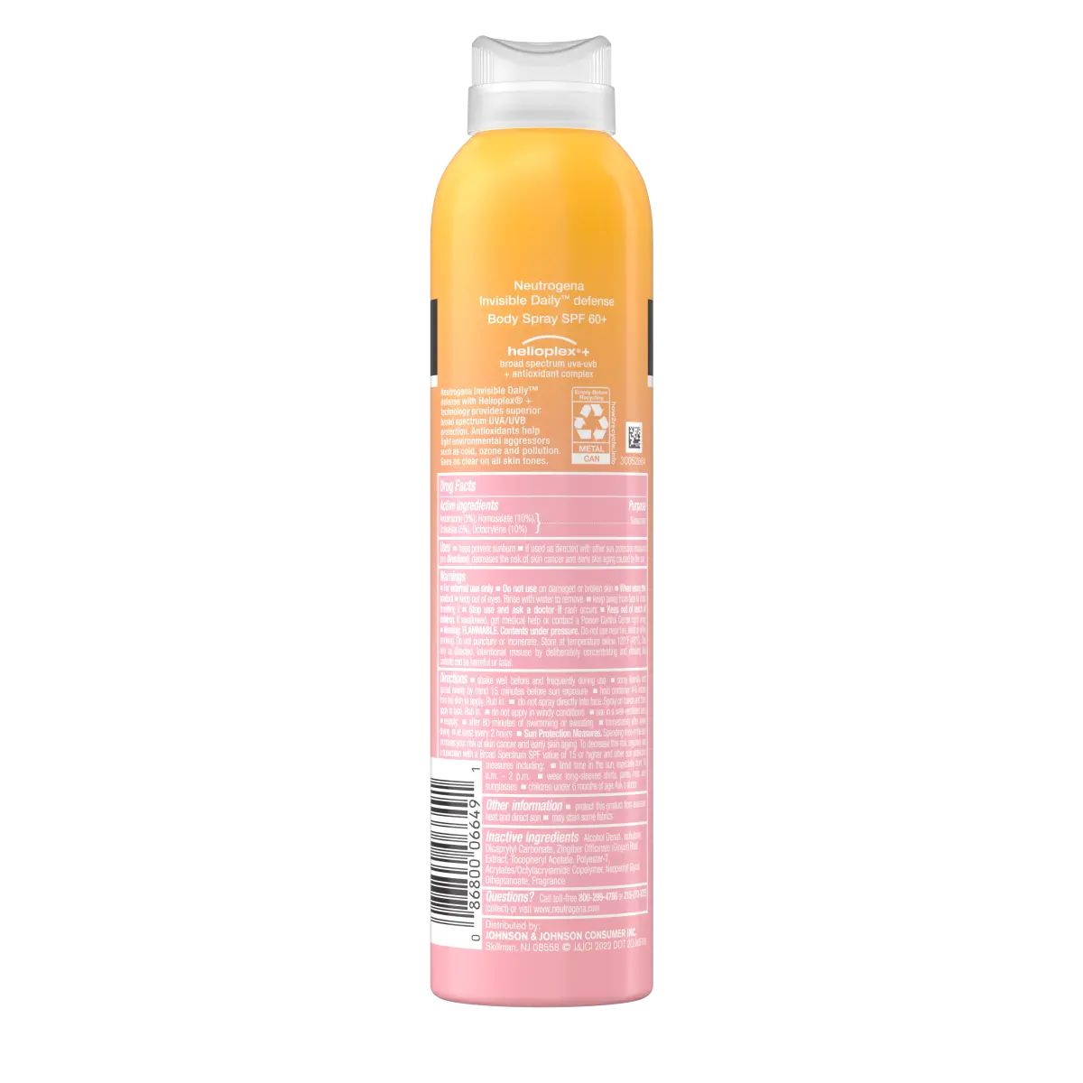 Neutrogena® Invisible Daily™ Defense Body Spray Sunscreen, Broad Spectrum SPF 60+ Back of pack