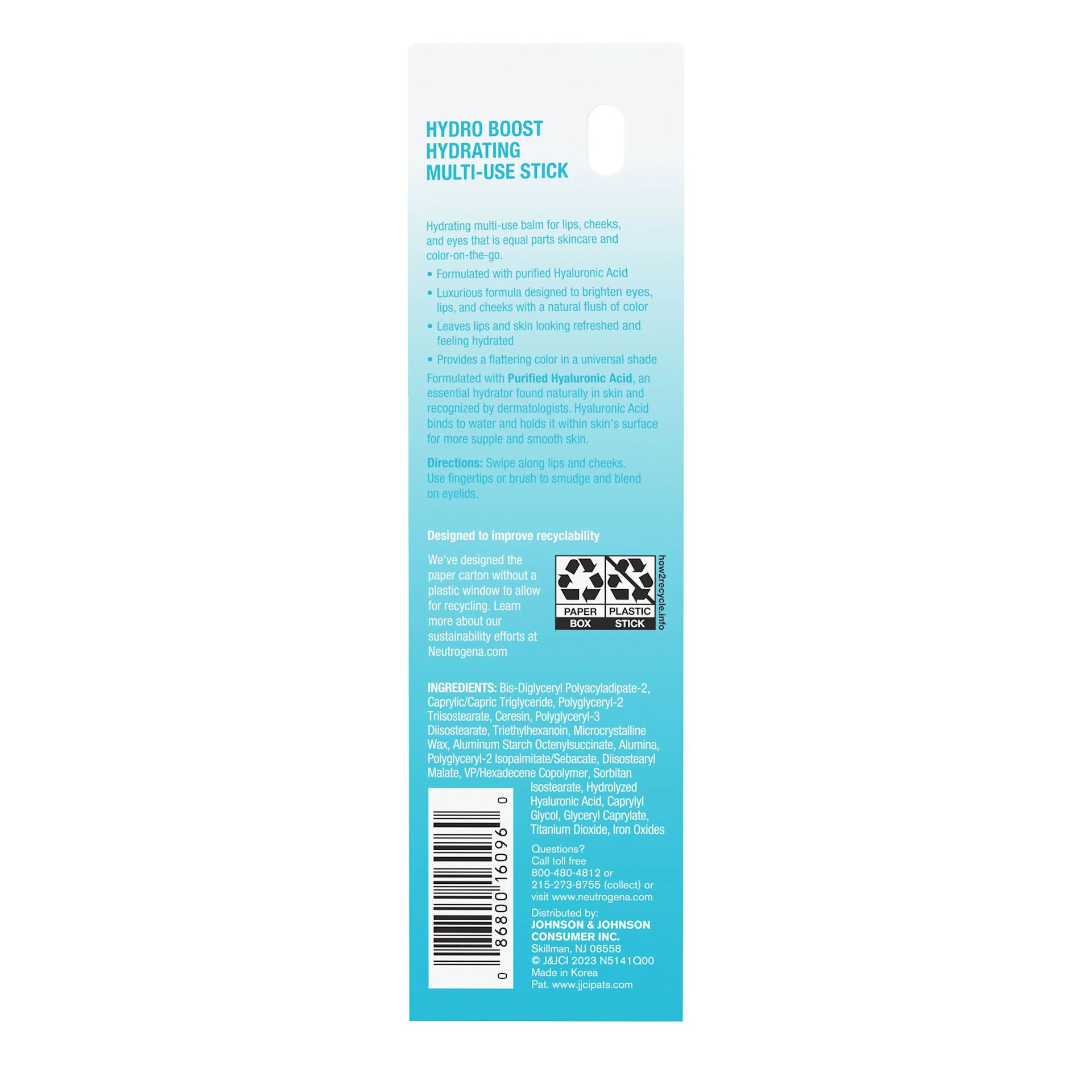 Neutrogena Hydro Boost Hydrating Multi-use Stick, Soft Pink, back package image