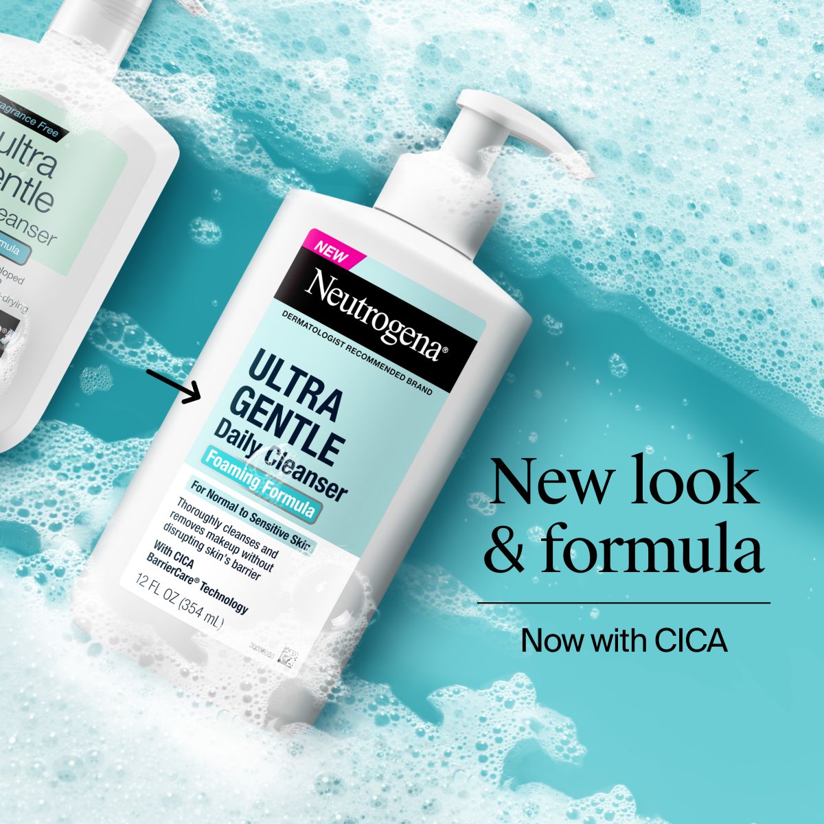 Neutrogena® Ultra Gentle Cleanser bottle with new look and formula, now with CICA.