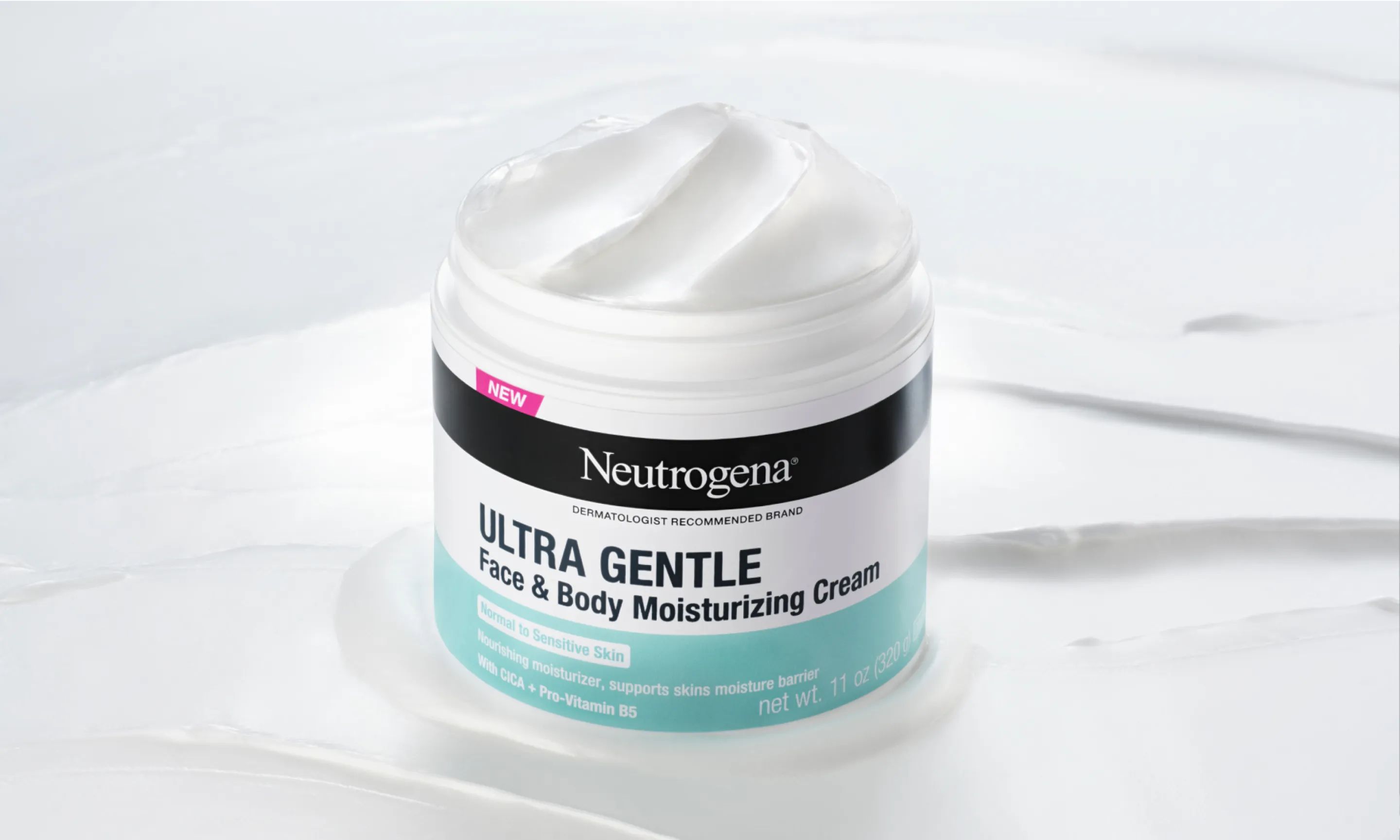 An open jar of Neutrogena Ultra Gentle Face & Body Moisturizing Cream.