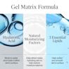 Gel matrix formula graphic highlighting hyaluronic acid, natural moisturizing factors and 3 essential lipids.