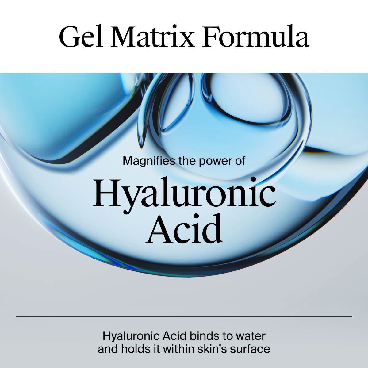 Gel matrix graphic highlighting hyaluronic acid that binds water in skin surface