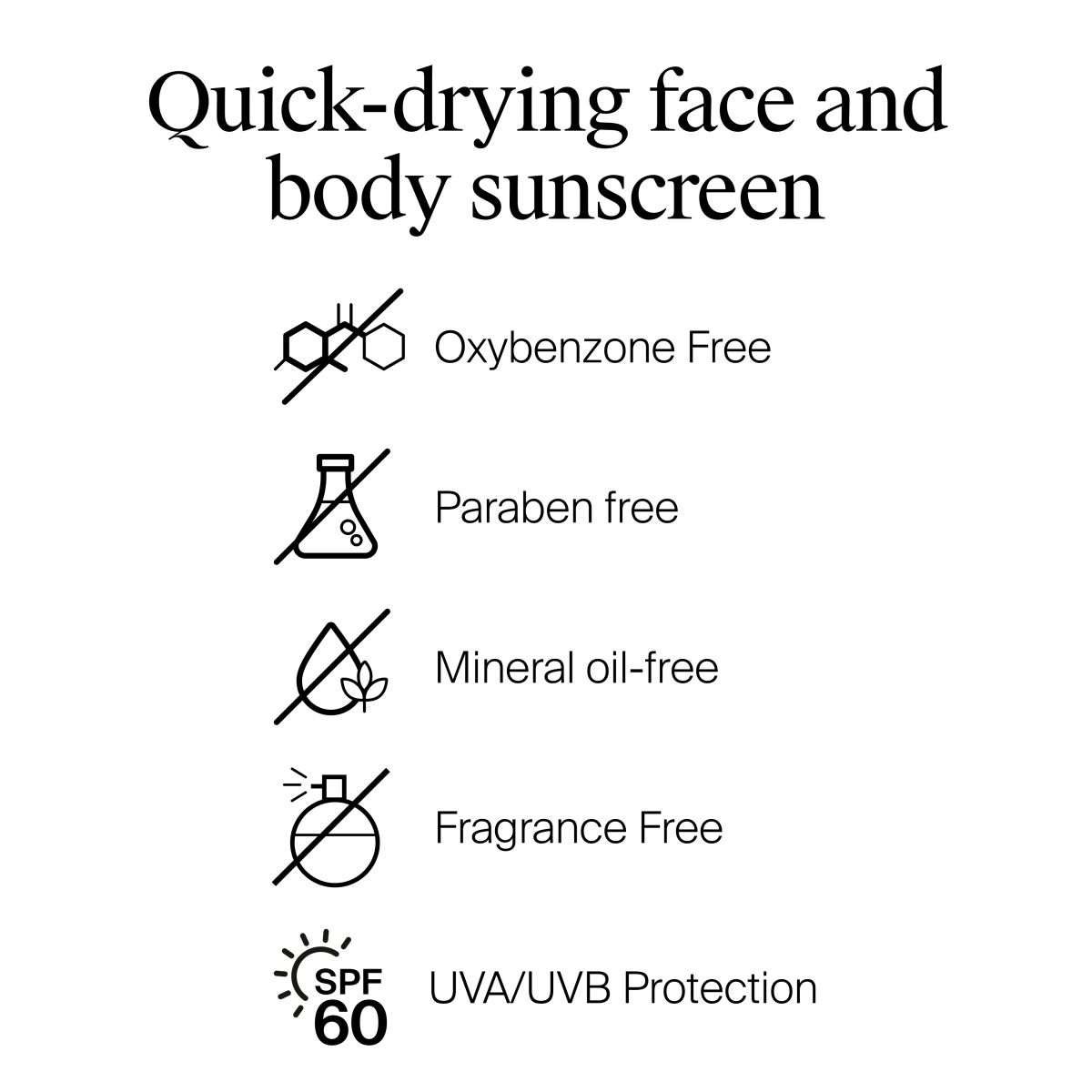 Quick-drying SPF 60 sunscreen for face and body; free from fragrance, parabens, and mineral oil
