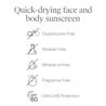 Quick-drying SPF 60 sunscreen for face and body; free from fragrance, parabens, and mineral oil
