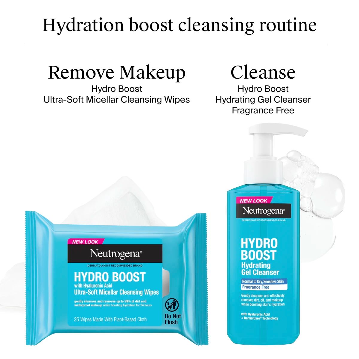Neutrogena® Hydro Boost cleansing routine with makeup removal wipes and hydrating gel cleanser