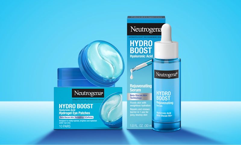 Neutrogena® Hydro Boost Hydrogel Eye Patches and Hydro Boost Rejuvenating serum in and outside of their packaging boxes