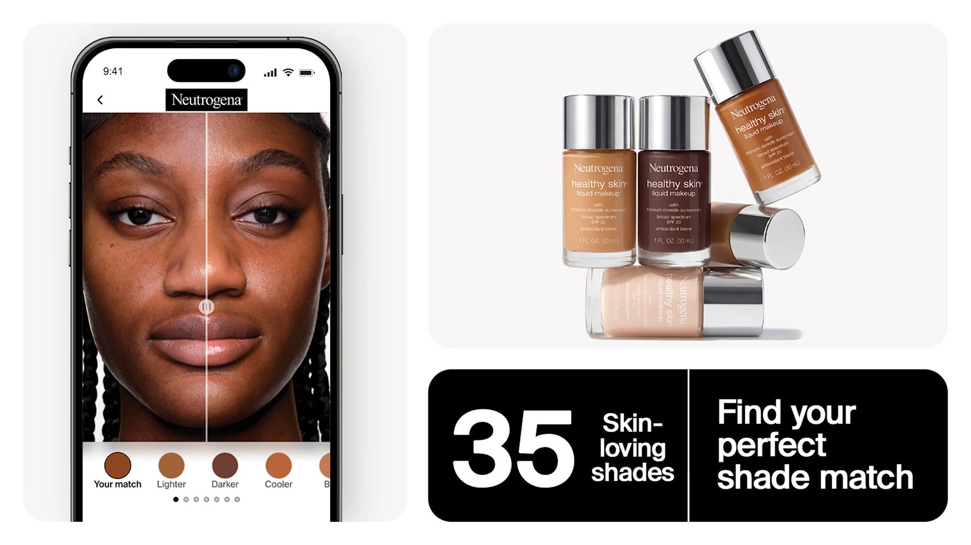 Woman scanning her face with Neutrogena® Shadefinder next to jars of healthy skin liquid makeup