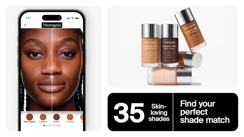 Woman scanning her face with Neutrogena® Shadefinder next to jars of healthy skin liquid makeup