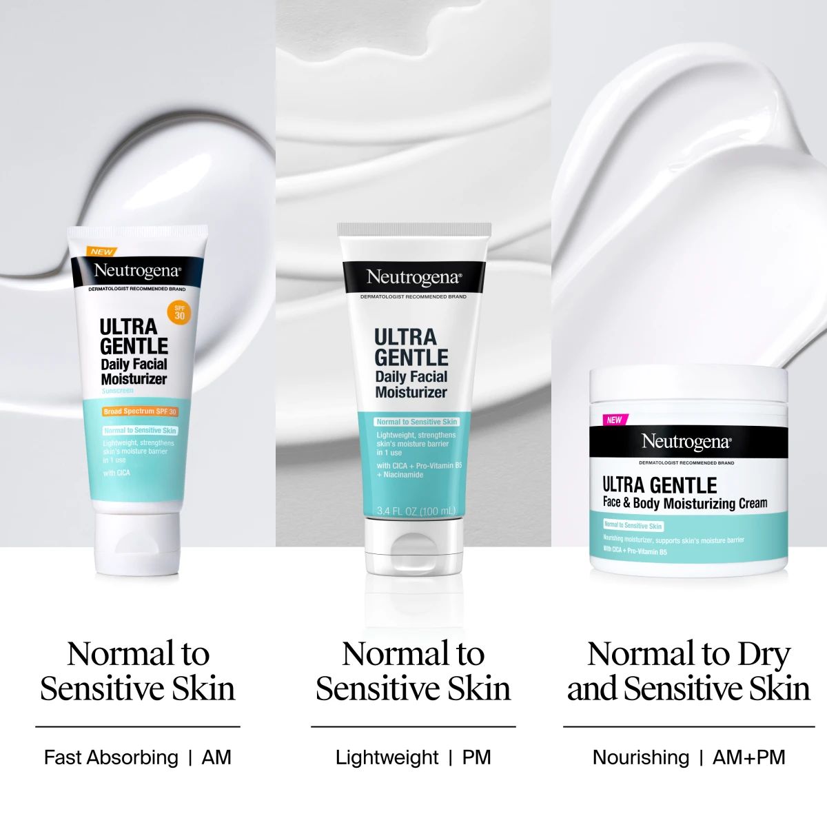 Three Neutrogena® Ultra Gentle moisturizers for AM, PM, face/body; support skin's moisture barrier