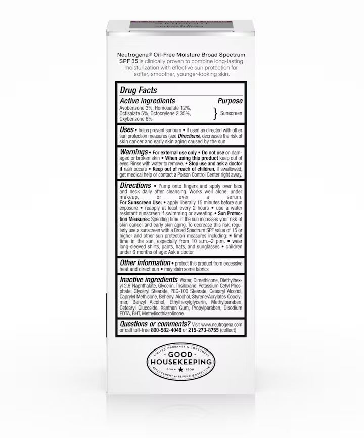 Oil-free Moisture Broad Spectrum SPF 35, back of the packaging