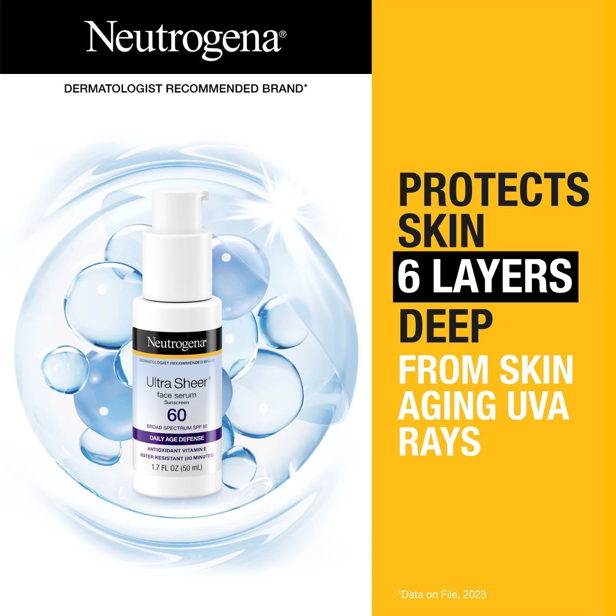 Neutrogena® Ultra Sheer® face serum SPF 60 with bubbles and UVA protection claim