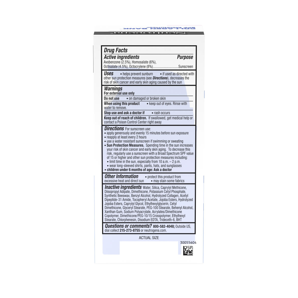 Neutrogena Collagen Bank™ SPF Moisturizer Broad Spectrum SPF 30, back of the package