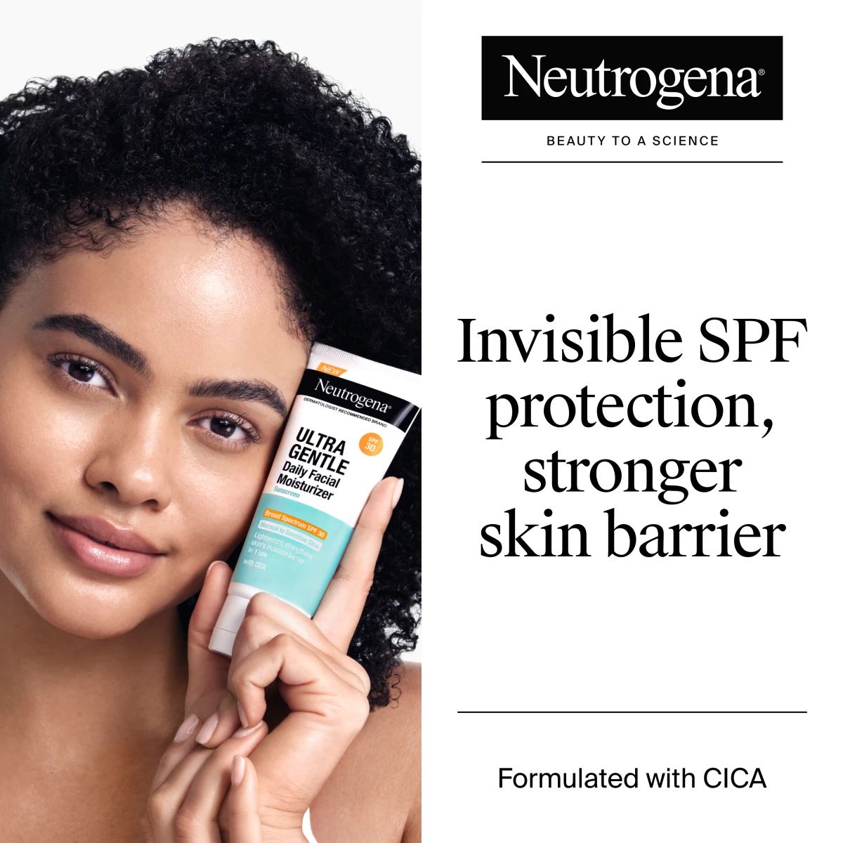 Person holding Neutrogena® Ultra Gentle SPF 30 moisturizer with Invisible SPF, CICA formula.