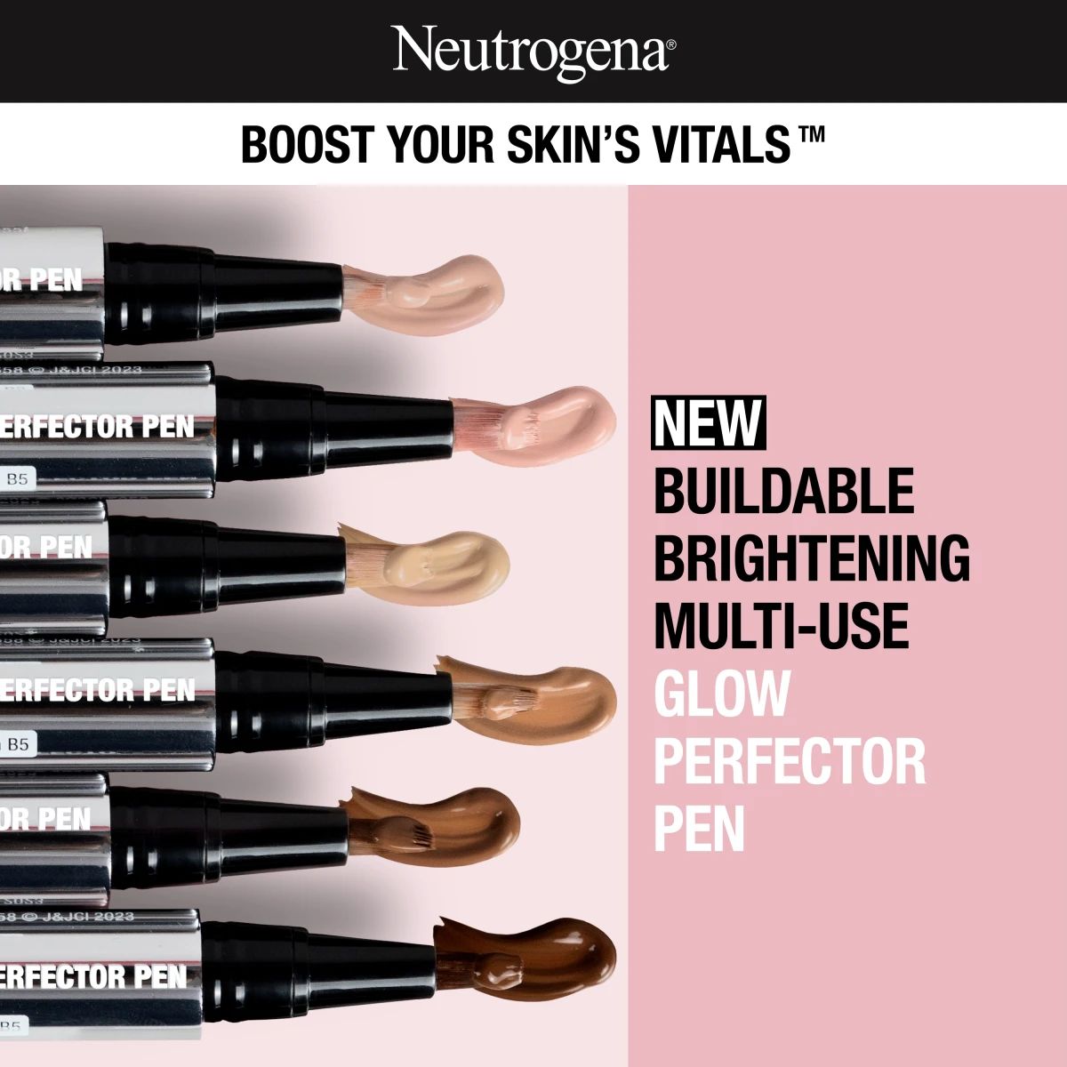 Neutrogena® Glow Perfector Pen swatches from light to deep on pink background