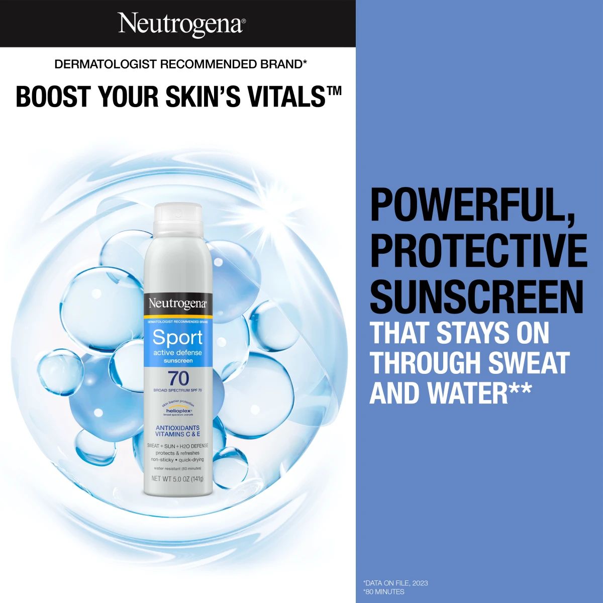 Neutrogena® Sport SPF 70 sunscreen spray with water droplets, powerful protective formula