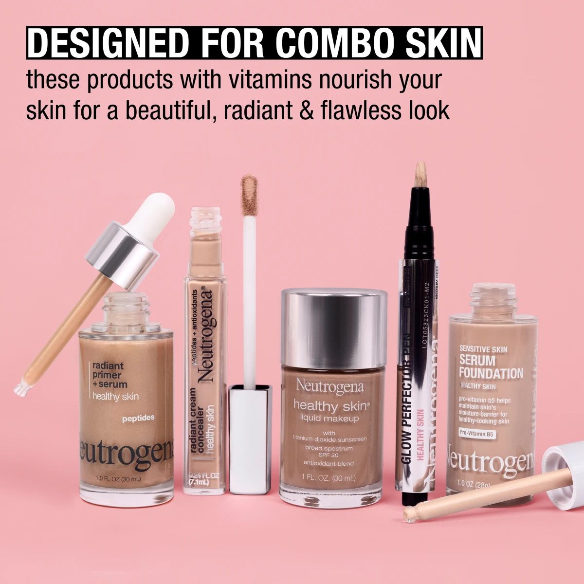 Neutrogena® Healthy Skin products on pink background featuring Glow Perfector Pen for combo skin