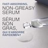 Drops of serum with text, 'fast-absorbing non-greasy serum'