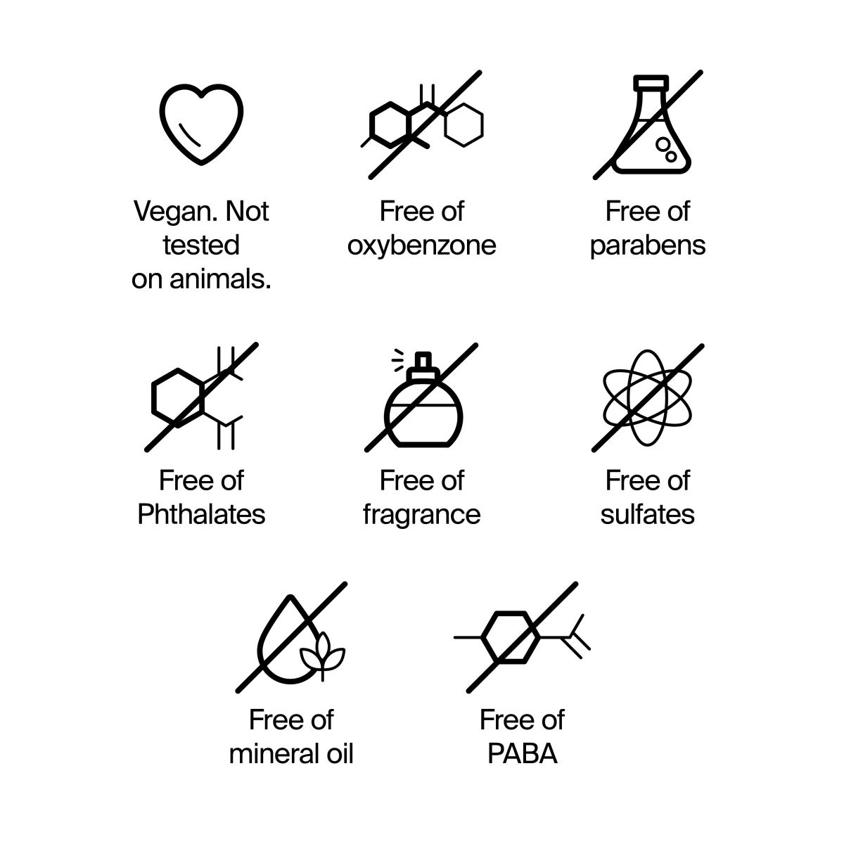 241129_441NTG_US_Mineral Stick_ML-03_Free Of.webp Icon grid showing vegan, free of oxybenzone, parabens, phthalates, fragrance, sulfates and PABA
