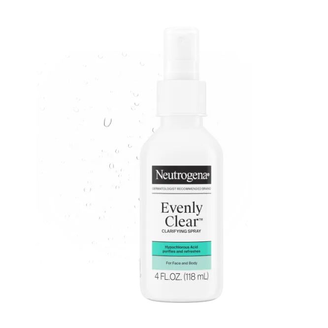 Neutrogena® Evenly Clear™ Clarifying Spray Front of Packaging, Texture and Formula Consistency