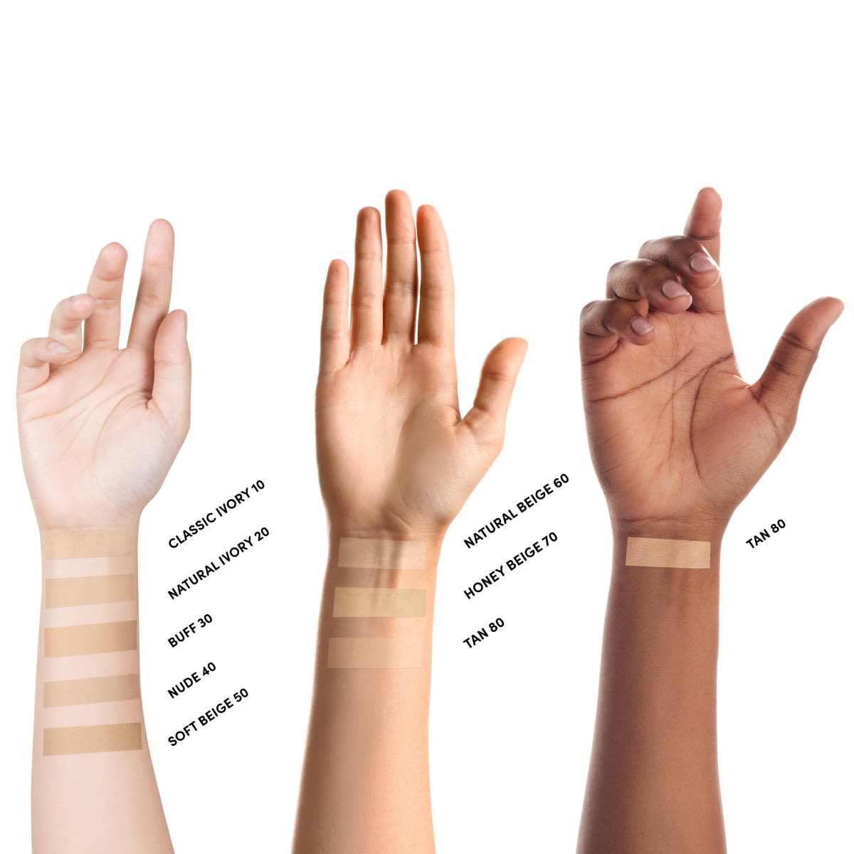 Three arms showing Neutrogena® Mineral Sheers® shade swatches from Classic Ivory to Tan 80