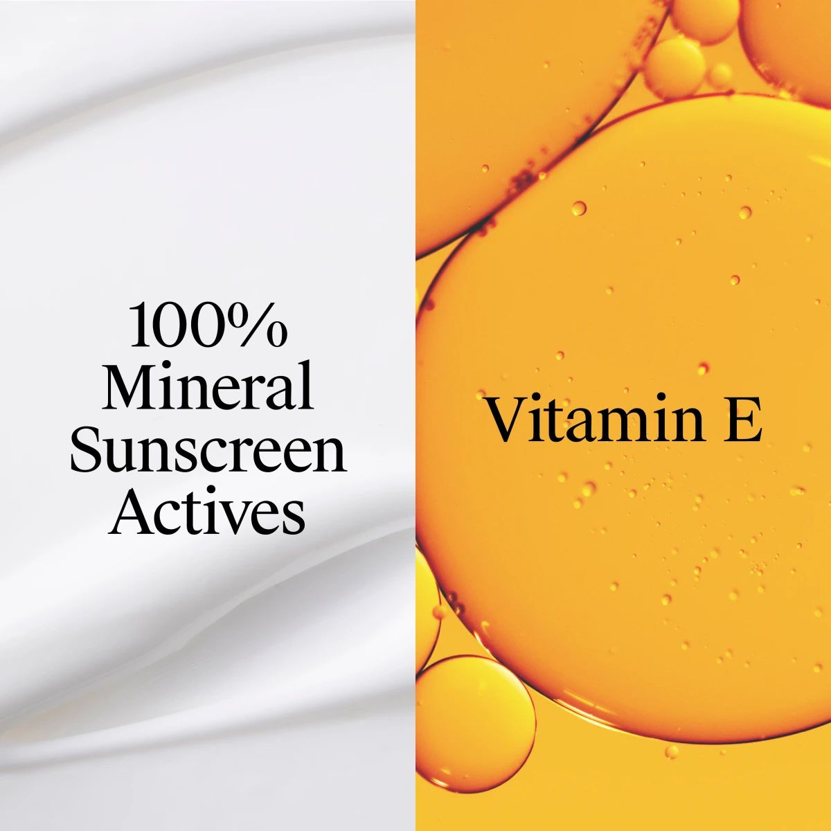 Split frame showing mineral sunscreen claim paired with bold Vitamin E emphasis