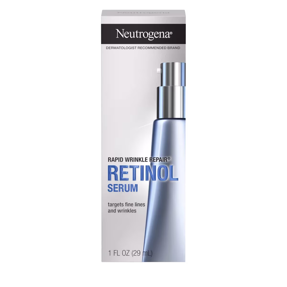 Neutrogena Rapid Wrinkle Repair Retinol Serum, 1 fl oz (29 mL), silver-blue pump bottle in box