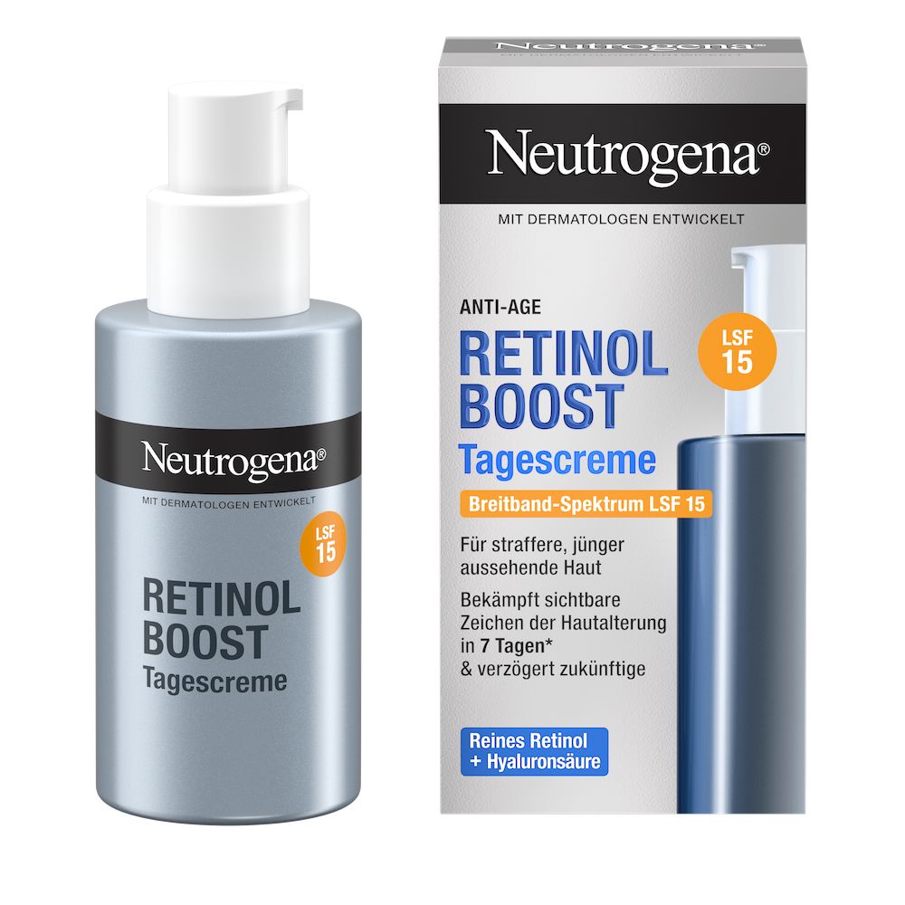 Vorderansicht Neutrogena® Retinol Boost Tagescreme Produkt neben der Verpackung