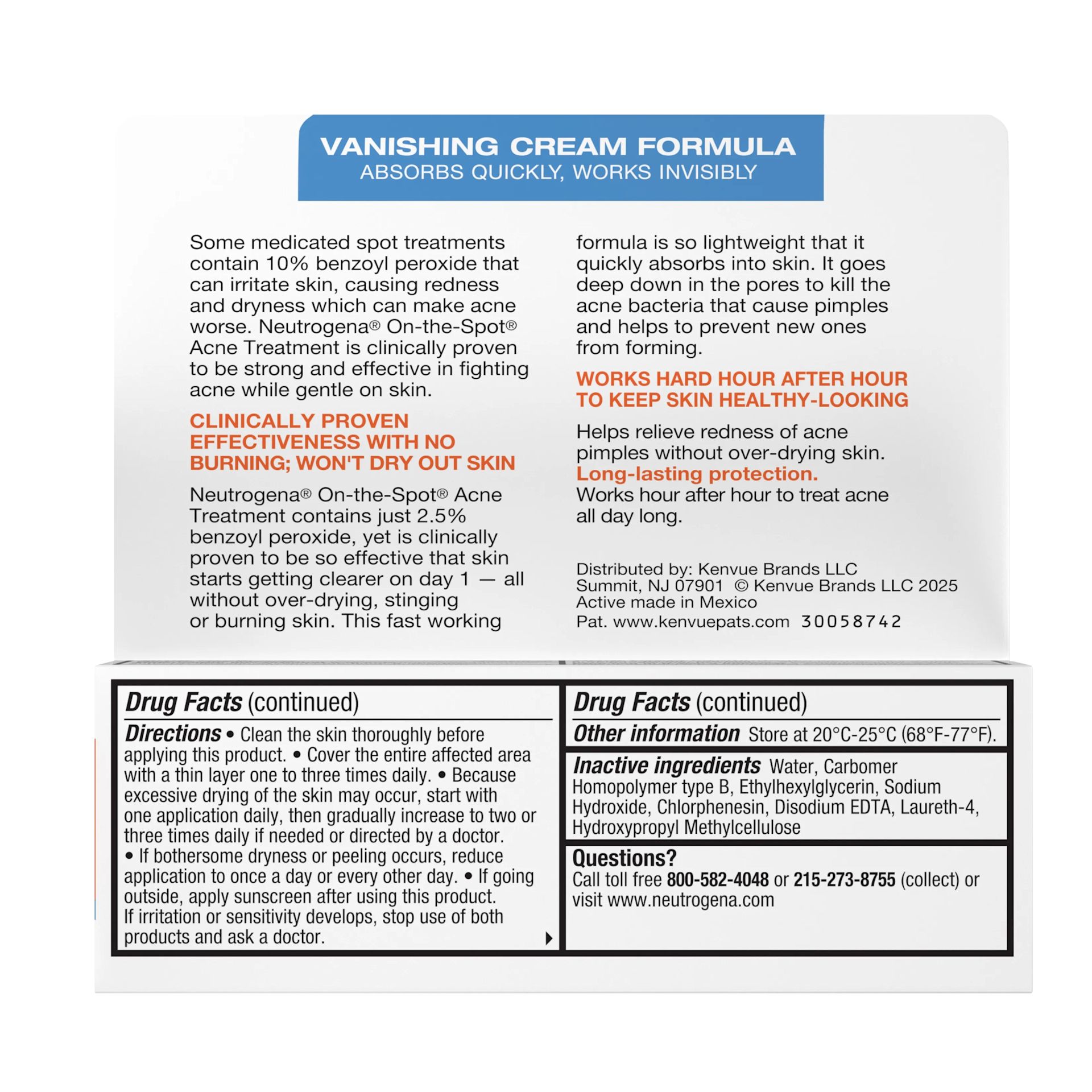 Neutrogena® On-The-Spot Acne Treatment Back of Packaging