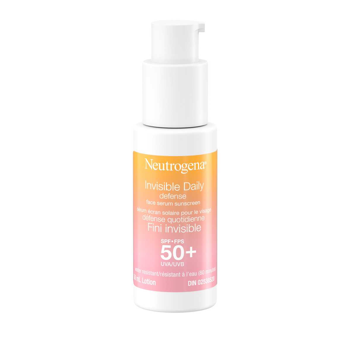 Vue de face du flacon-pompe du Sérum écran solaire pour le visage Neutrogena® Défense quotidienne Fini invisible, FPS 50+.
