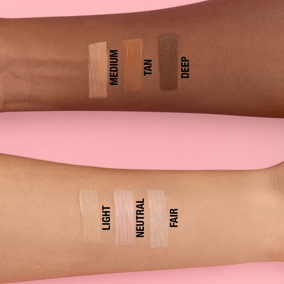 Arm swatches labeled fair, neutral, light, medium, tan, deep on pink background
